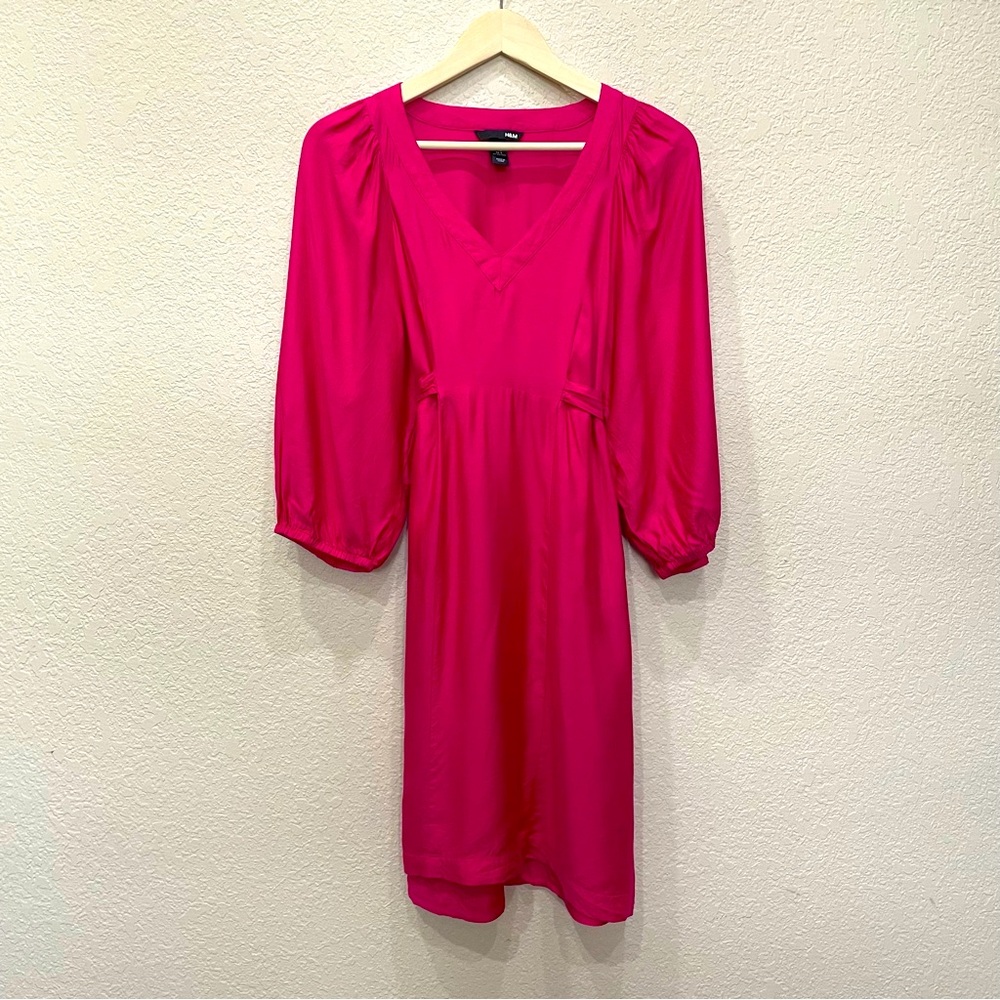 H&M Pink Silk Blend Back Tie Puff Sleeve Midi Dress Romantic BarbieCore Cottage